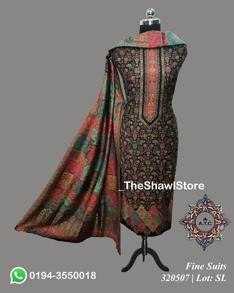Unstitched Silk Cotton Zari Kani Suit - Black Multi - KCS Kashmir Shawl  Emporium