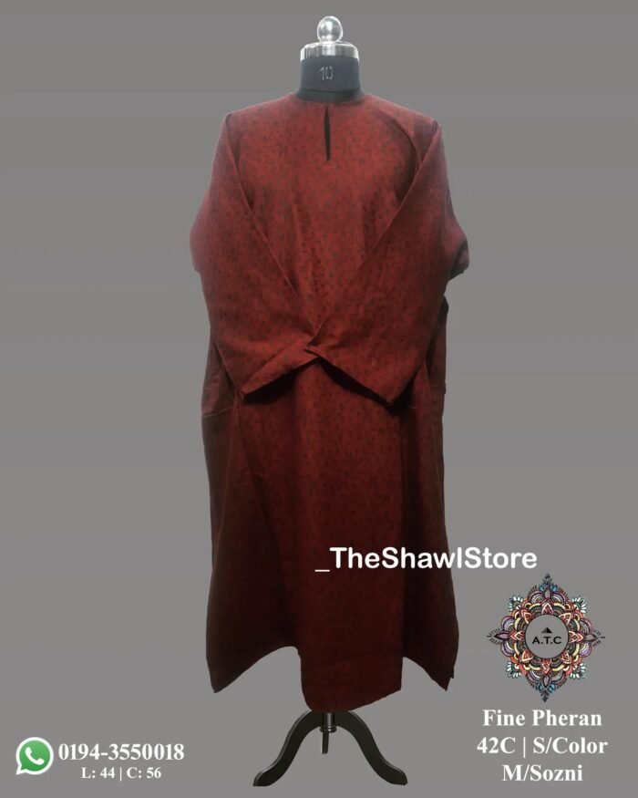 1000063328 5 <p>Experience Traditional Elegance with the C-Sozni Embroidery Pheran from The Shawl Store!<br />
Discover the epitome of traditional elegance with our C-Sozni Embroidery Pheran, now available exclusively at The Shawl Store. Meticulously handcrafted by skilled artisans in the enchanting valleys of Kashmir, this exquisite piece showcases the intricate C-Sozni embroidery technique, boasting delicate motifs and patterns. Crafted with the utmost precision, this Pheran is made from premium-quality, lightweight fabric, providing a comfortable and cozy fit. Elevate your style and embrace the legacy of Kashmiri artistry with our C-Sozni Embroidery Pheran, only at The Shawl Store.</p>