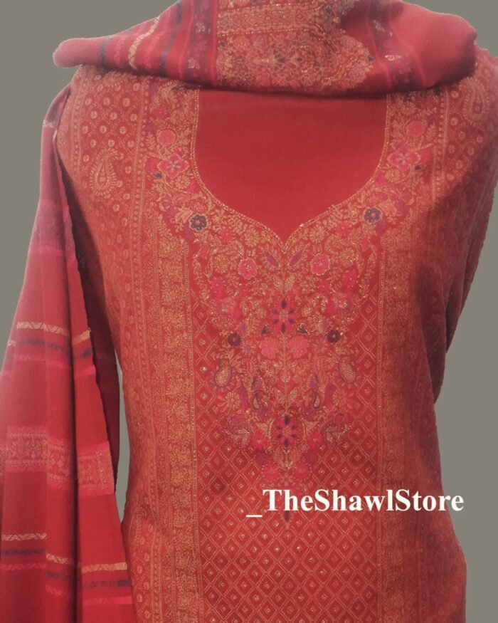 1000074549 Elevate your style with the Kani Weaved Woolen 3 Piece Unstitched Dress Material from The Shawl Store. A beautiful blend of artistry and comfort, this dress material is meticulously crafted, showcasing the rich heritage of Kani weaving. Made from the finest quality wool, it envelops you in warmth while exuding grace and sophistication. Unleash your creativity and personalize this unstitched dress material to reflect your unique fashion sense. Whether it’s a festive occasion or a casual gathering, make a fashion statement with The Shawl Store’s Kani Weaved Woolen Dress Material.