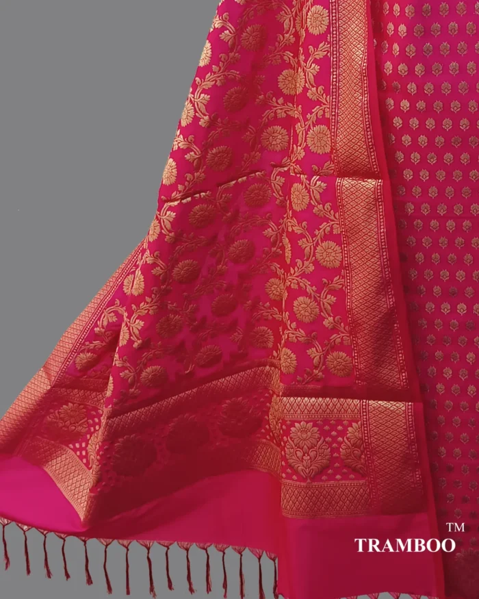 1721892328141 Delve into the realm of unmatched grandeur with the enchanting Silk Blend Kurta Salwar Suit Set with Dupatta for Women by The Shawl Store. Immerse yourself in a world of regal sophistication as you drape these resplendent ensembles, meticulously handwoven by master artisans. Crafted from premium banarsi silk, each suit is a masterpiece, showcasing intricate Zari work that weaves a tapestry of utter magnificence. The lustrous fabric gracefully skims your silhouette, enveloping you in a cocoon of pure luxury. Experience the fusion of heritage and contemporary design, exuding an aura of regality. Unleash your inner queen and conquer the world of fashion with The Shawl Store’s Silk Suits.