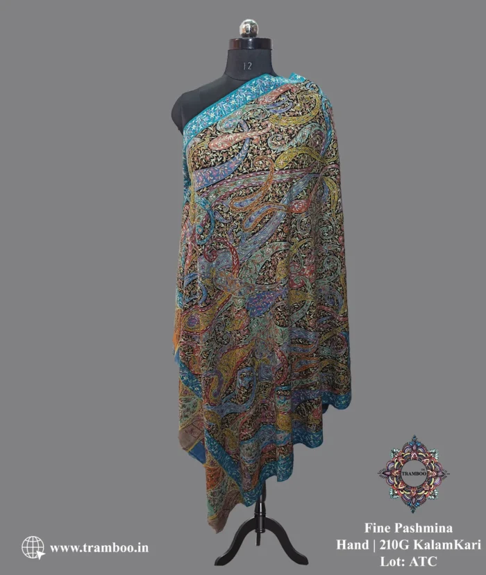 IMG 20240802 192955 084 Indulge in the luxurious craftsmanship of The Shawl Store's Pure Pashmina Hand KalamKari Shawl. Hand-painted and embroidered with precision, this exquisite piece is a true work of art. Elevate your style with this lightweight shawl that embodies opulence and refinement. Make a statement with every wear and exude timeless elegance.