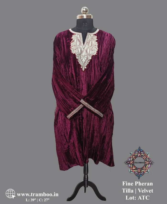 1731580303249 Looking for a statement piece that effortlessly combines tradition and modernity? Look no further than The Shawl Store’s Tilla Embroidery Velvet Pheran! This mesmerizing Kashmiri garment is designed to enhance your style quotient and keep you snug at the same time. The rich velvet fabric provides a soft texture against your skin, while the intricate Tilla embroidery exudes grace and sophistication. With its lightweight and breathable design, this Pheran allows you to look effortlessly chic, be it during festive celebrations or casual outings. Experience the elegance of Kashmiri craftsmanship and make heads turn with this enchanting piece, available exclusively at The Shawl Store!